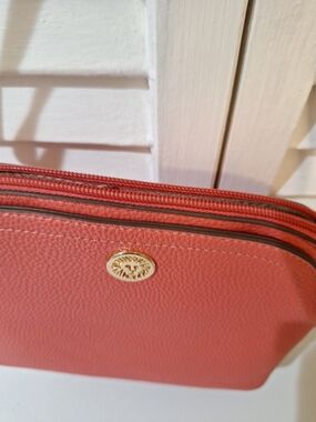 Ann Taylor Coral Double-Zip Pebbled Pouch with Gold Emblem